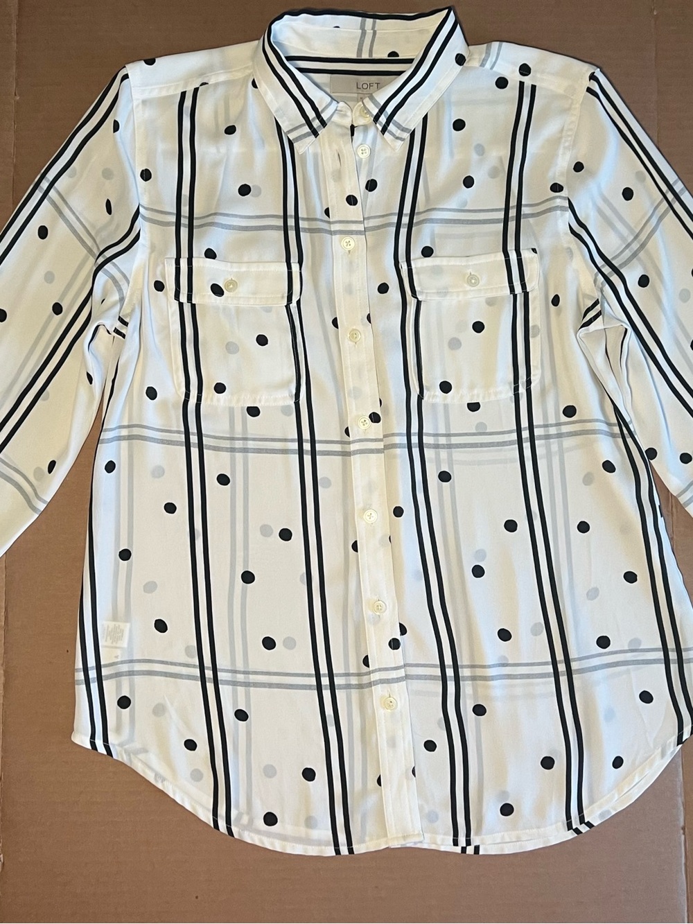 LOFT Womens M Blouse Black White Stripe Polka Dot Button Down Roll Tab Sleeve